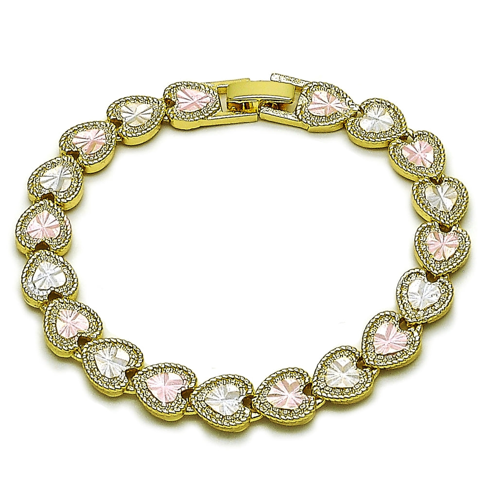 Oro Laminado Tennis Bracelet, Gold Filled Style Heart Design, Diamond Cutting Finish, Tricolor