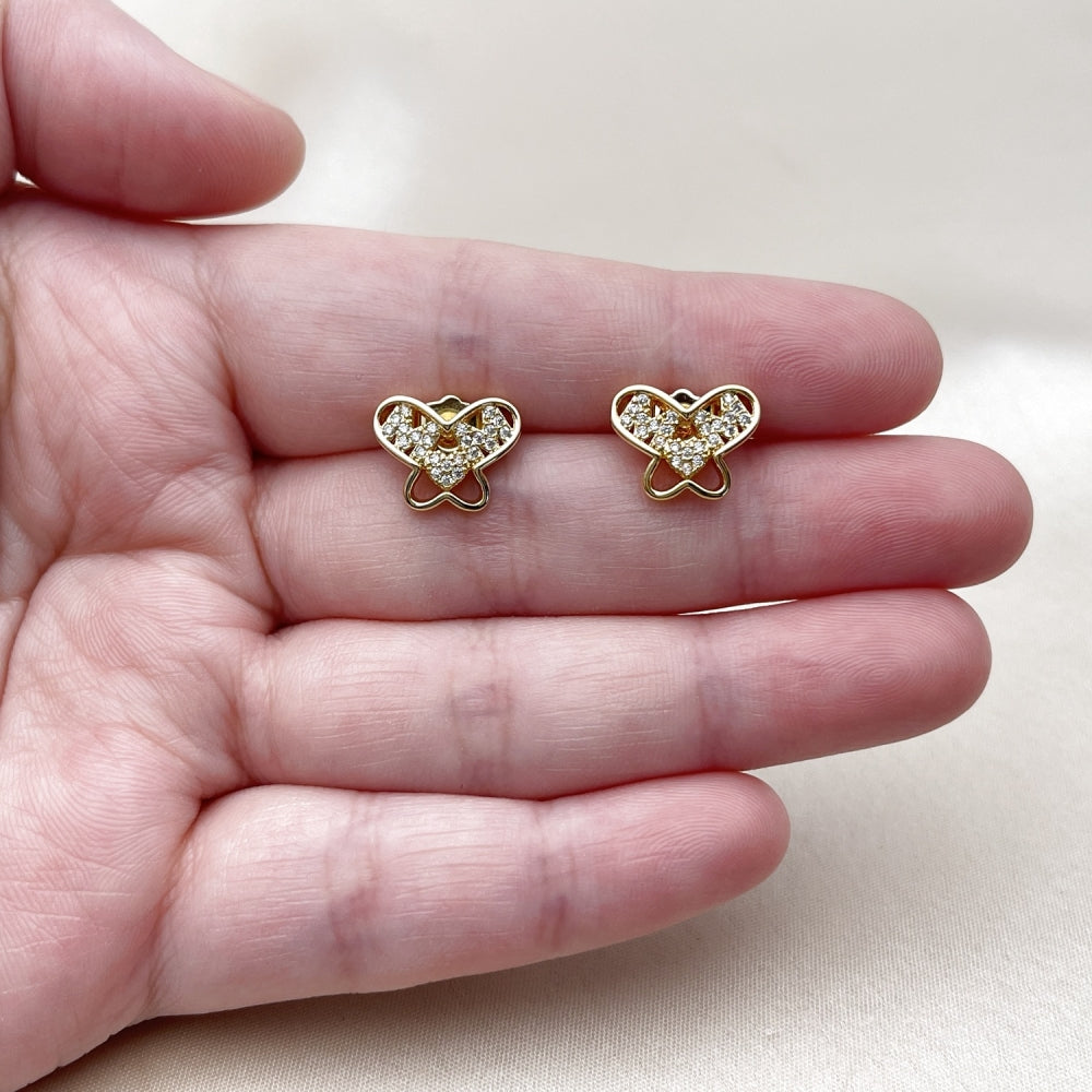 Oro Laminado Stud Earring, Gold Filled Style Butterfly and Mom Design, with White Cubic Zirconia, Polished, Golden Finish
