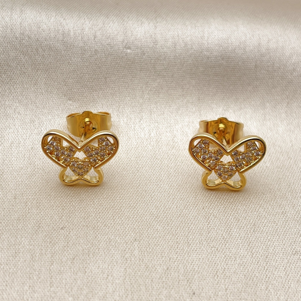 Oro Laminado Stud Earring, Gold Filled Style Butterfly and Mom Design, with White Cubic Zirconia, Polished, Golden Finish