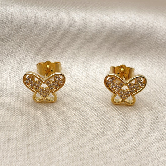 Oro Laminado Stud Earring, Gold Filled Style Butterfly and Mom Design, with White Cubic Zirconia, Polished, Golden Finish