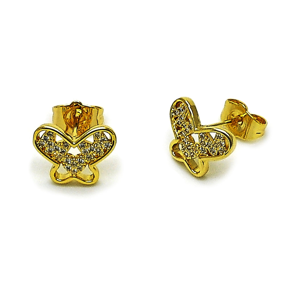 Oro Laminado Stud Earring, Gold Filled Style Butterfly and Mom Design, with White Cubic Zirconia, Polished, Golden Finish