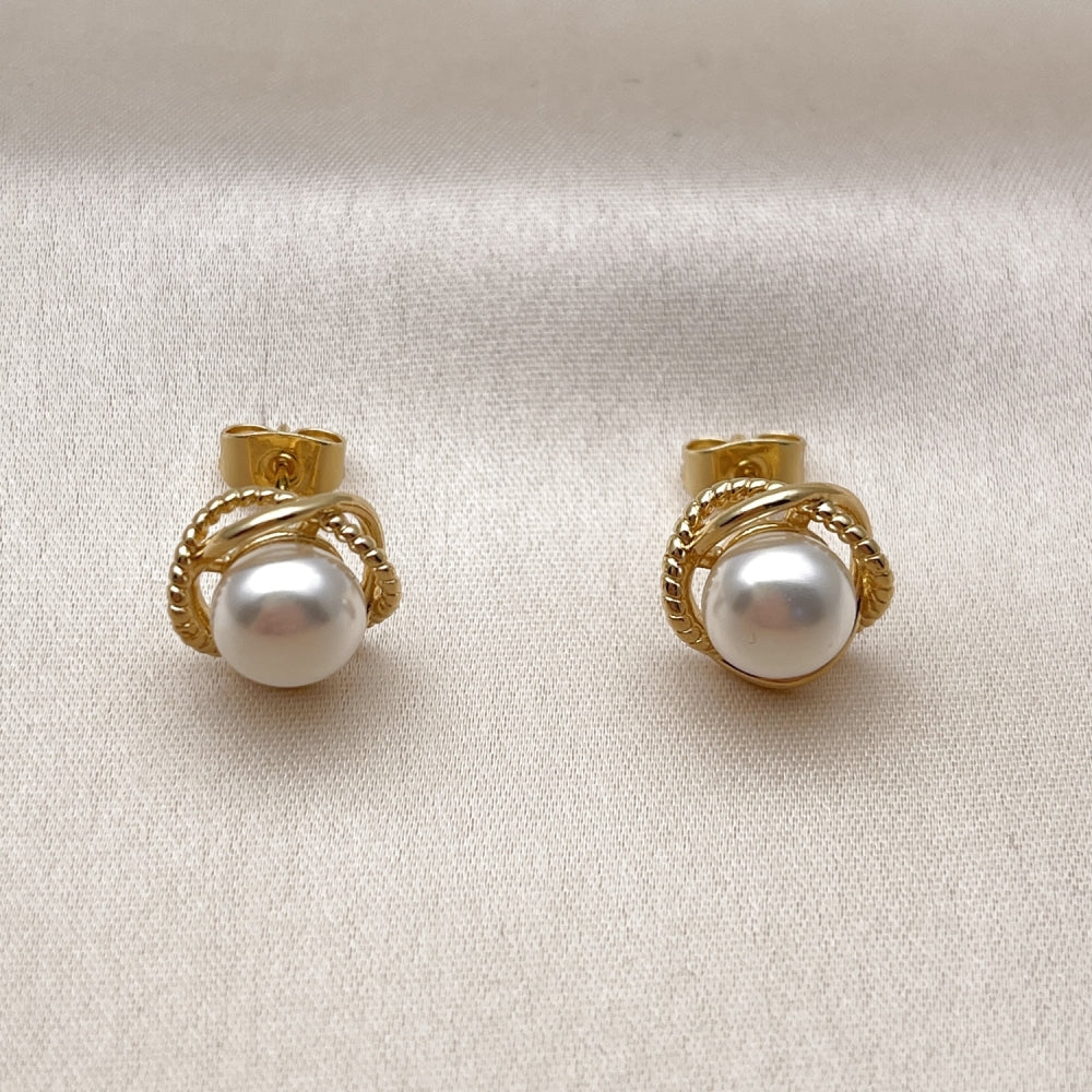 Oro Laminado Stud Earring, Gold Filled Style Love Knot and Twist Design, with Ivory Pearl, Polished, Golden Finish
