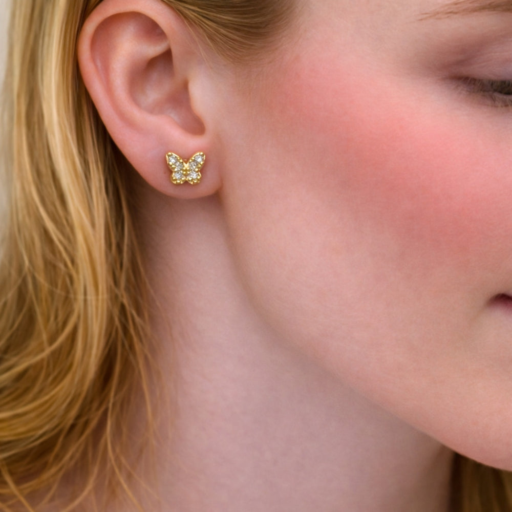 Oro Laminado Stud Earring, Gold Filled Style Butterfly Design, with White Cubic Zirconia, Polished, Golden Finish