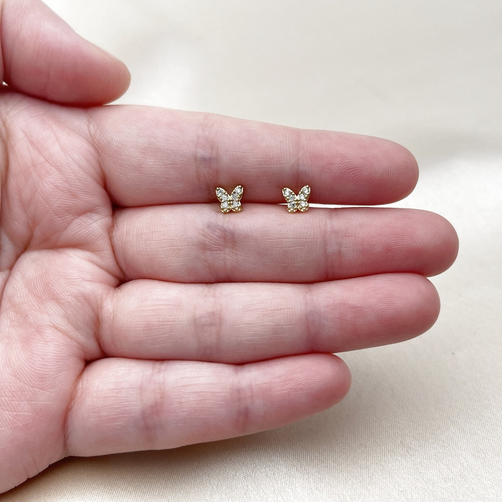 Oro Laminado Stud Earring, Gold Filled Style Butterfly Design, with White Cubic Zirconia, Polished, Golden Finish