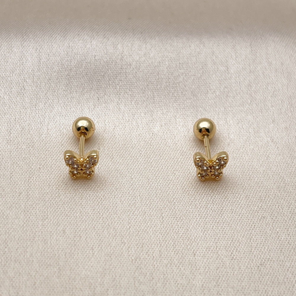 Oro Laminado Stud Earring, Gold Filled Style Butterfly Design, with White Cubic Zirconia, Polished, Golden Finish