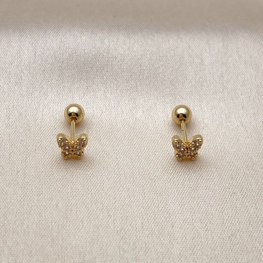 Oro Laminado Stud Earring, Gold Filled Style Butterfly Design, with White Cubic Zirconia, Polished, Golden Finish