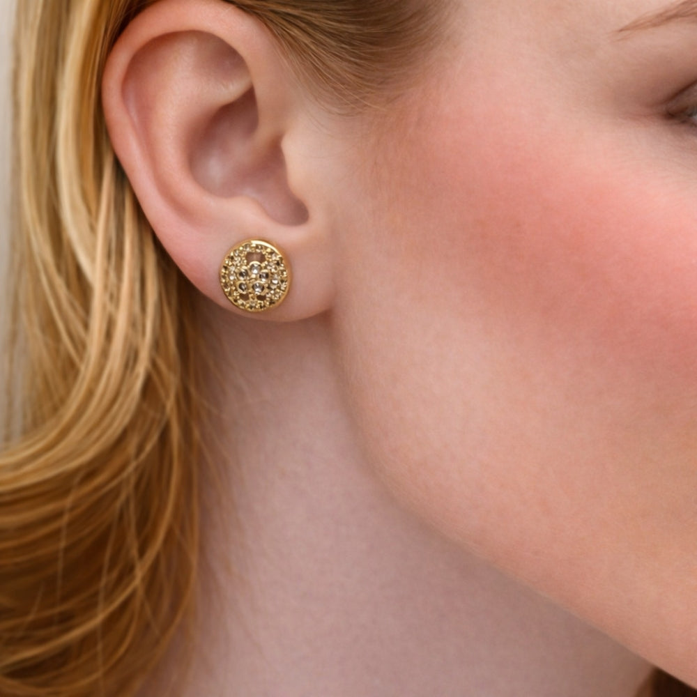 Oro Laminado Stud Earring, Gold Filled Style Puff Mariner Design, with White Micro Pave and White Cubic Zirconia, Polished, Golden Finish