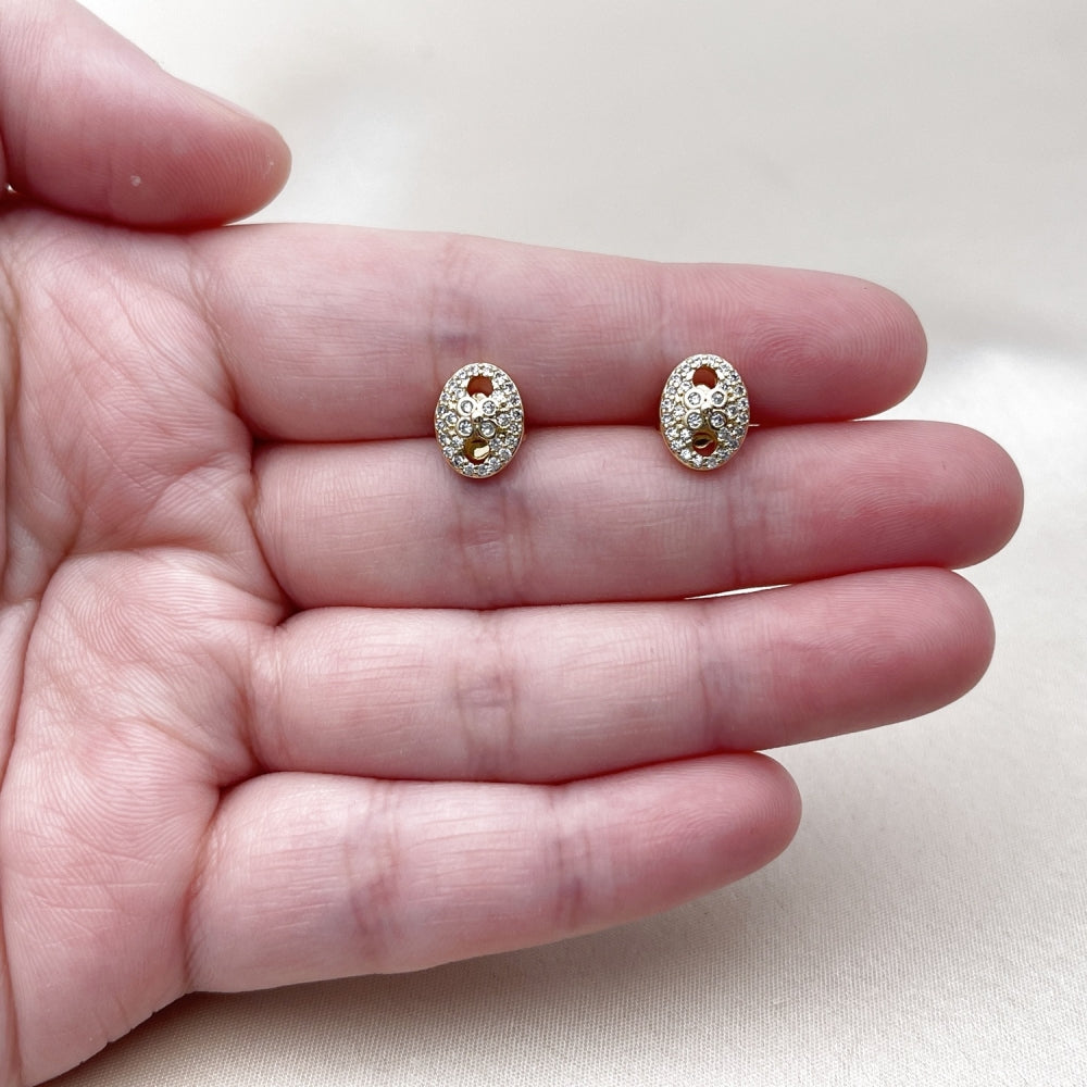 Oro Laminado Stud Earring, Gold Filled Style Puff Mariner Design, with White Micro Pave and White Cubic Zirconia, Polished, Golden Finish