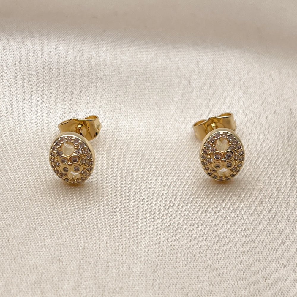 Oro Laminado Stud Earring, Gold Filled Style Puff Mariner Design, with White Micro Pave and White Cubic Zirconia, Polished, Golden Finish