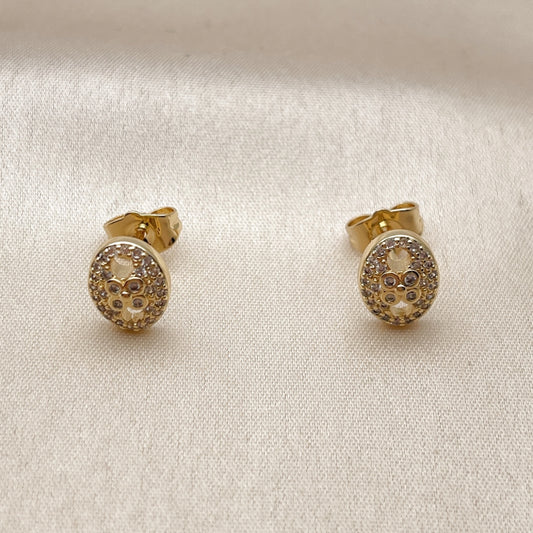 Oro Laminado Stud Earring, Gold Filled Style Puff Mariner Design, with White Micro Pave and White Cubic Zirconia, Polished, Golden Finish