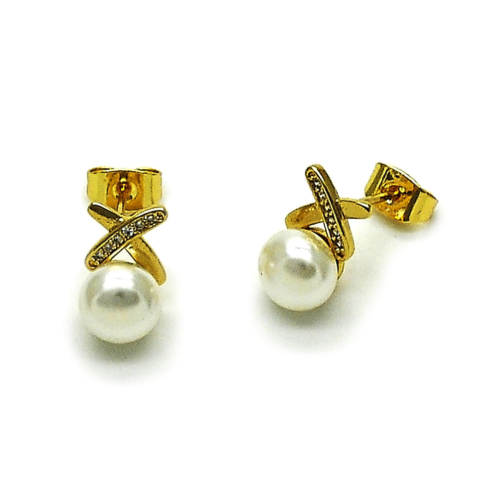 Oro Laminado Stud Earring, Gold Filled Style with Ivory Pearl and White Micro Pave, Polished, Golden Finish