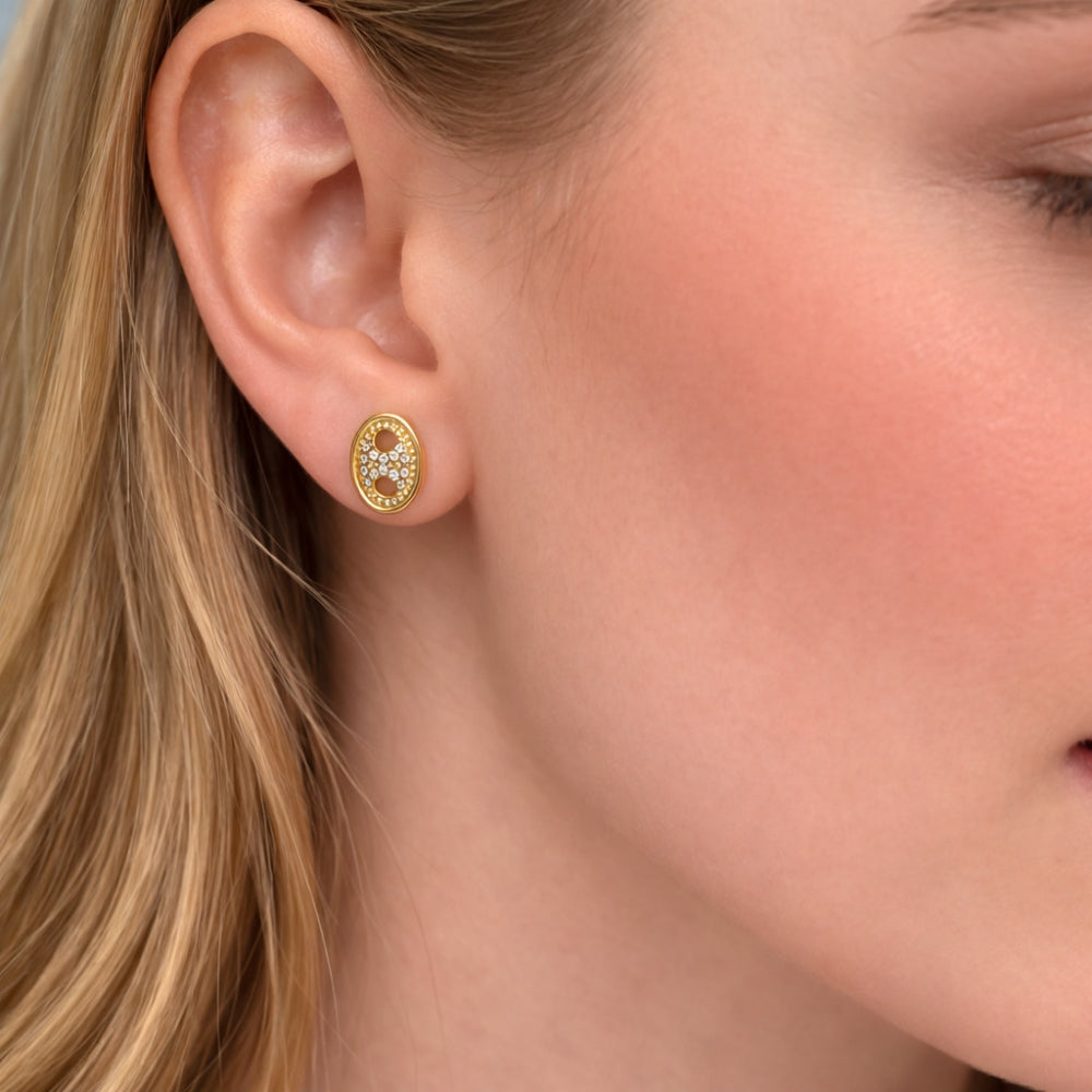 Oro Laminado Stud Earring, Gold Filled Style Puff Mariner Design, with White Micro Pave, Polished, Golden Finish