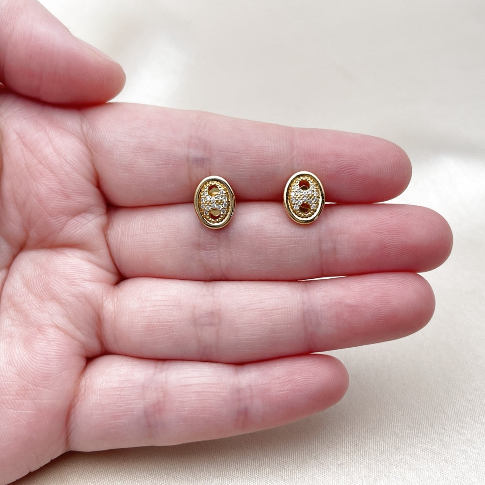 Oro Laminado Stud Earring, Gold Filled Style Puff Mariner Design, with White Micro Pave, Polished, Golden Finish