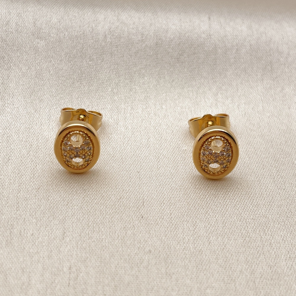 Oro Laminado Stud Earring, Gold Filled Style Puff Mariner Design, with White Micro Pave, Polished, Golden Finish