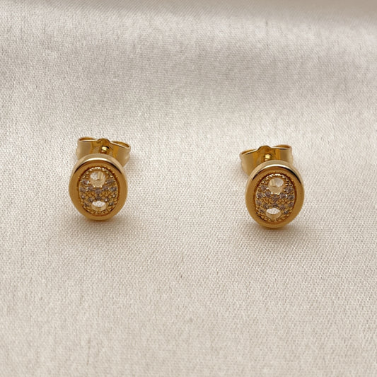 Oro Laminado Stud Earring, Gold Filled Style Puff Mariner Design, with White Micro Pave, Polished, Golden Finish