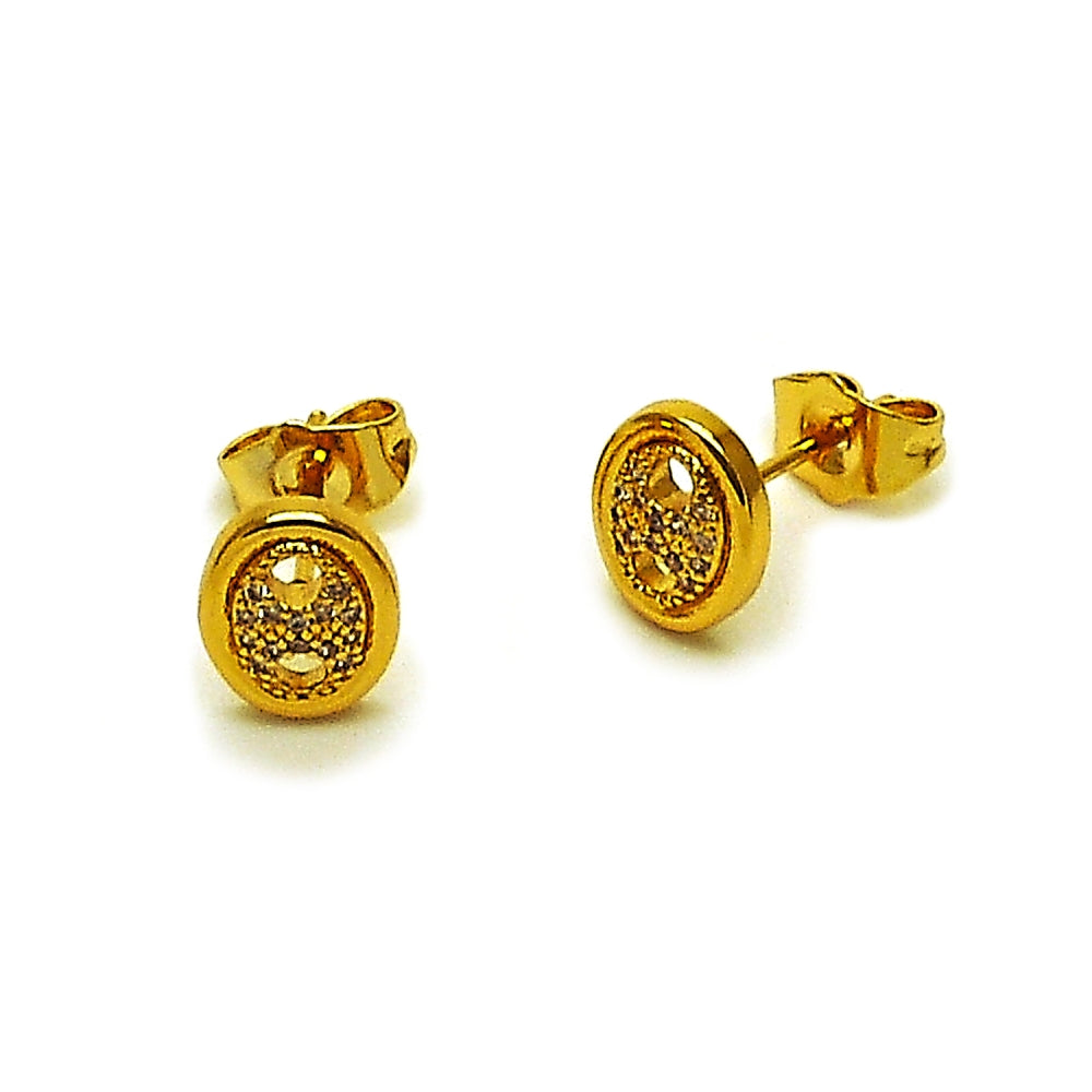 Oro Laminado Stud Earring, Gold Filled Style Puff Mariner Design, with White Micro Pave, Polished, Golden Finish