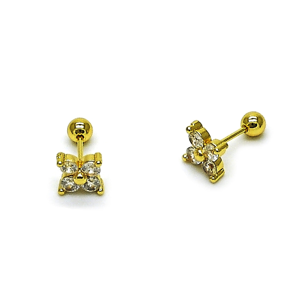 Oro Laminado Stud Earring, Gold Filled Style Four-leaf Clover Design, with White Cubic Zirconia, Polished, Golden Finish