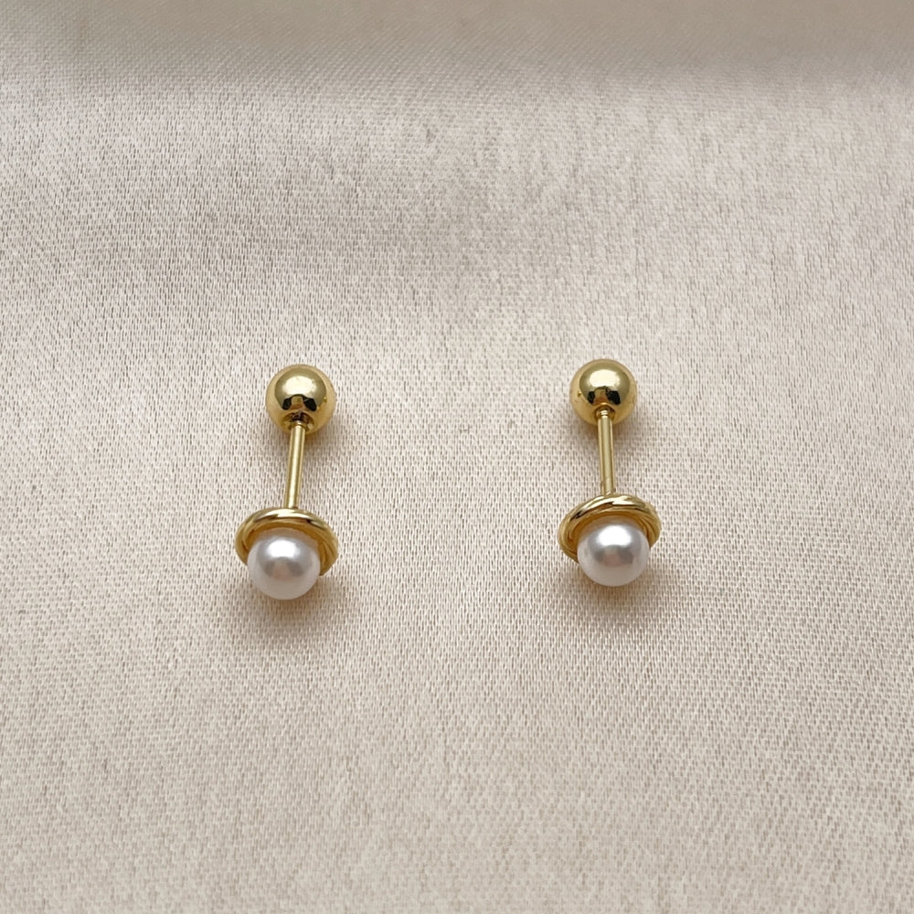 Oro Laminado Stud Earring, Gold Filled Style Ball Design, with Ivory Pearl, Polished, Golden Finish