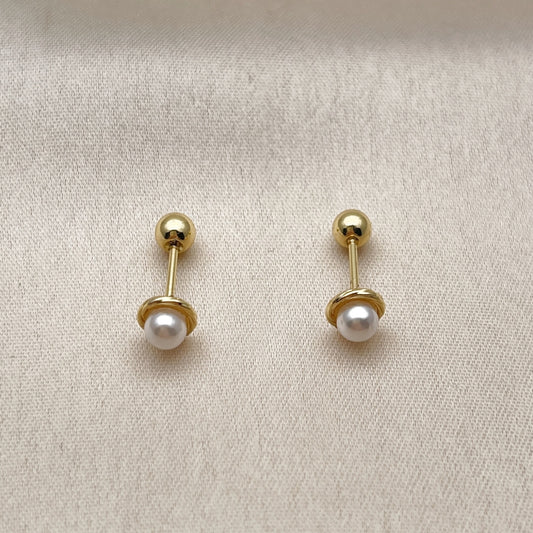 Oro Laminado Stud Earring, Gold Filled Style Ball Design, with Ivory Pearl, Polished, Golden Finish