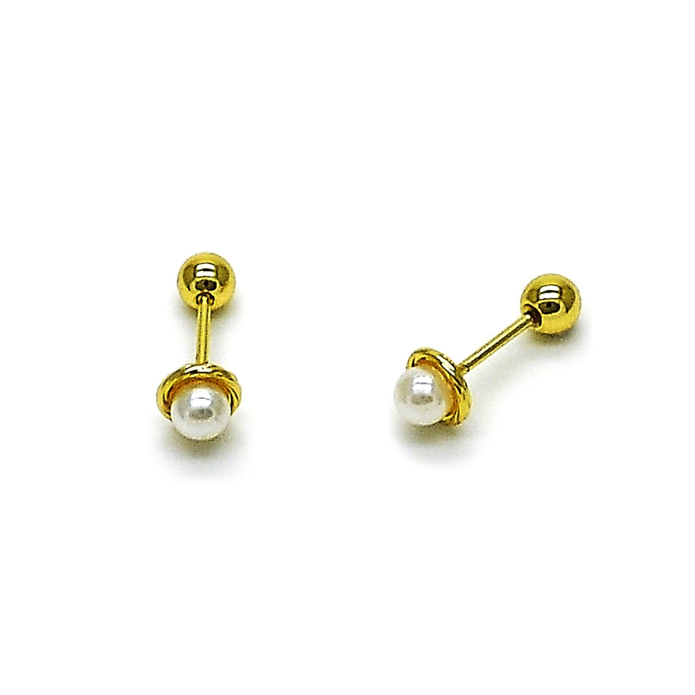 Oro Laminado Stud Earring, Gold Filled Style Ball Design, with Ivory Pearl, Polished, Golden Finish