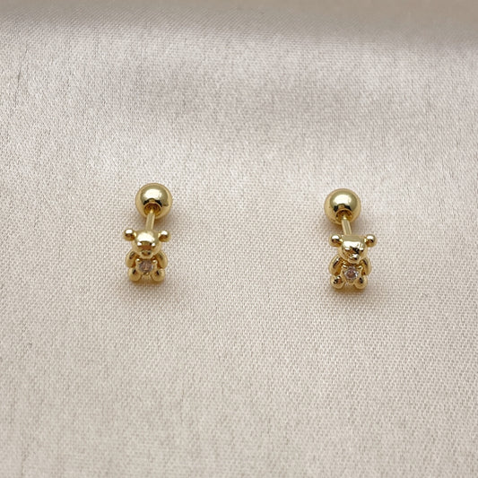 Oro Laminado Stud Earring, Gold Filled Style Teddy Bear Design, with White Cubic Zirconia, Polished, Golden Finish