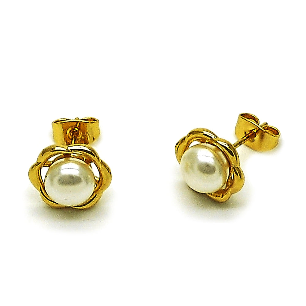 Oro Laminado Stud Earring, Gold Filled Style Flower Design, with Ivory Pearl, Polished, Golden Finish