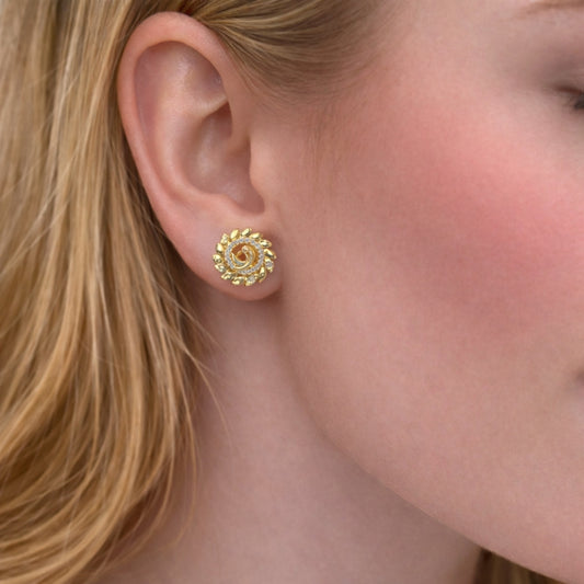Oro Laminado Stud Earring, Gold Filled Style Peacock Design, with White and Ruby Micro Pave, Polished, Golden Finish
