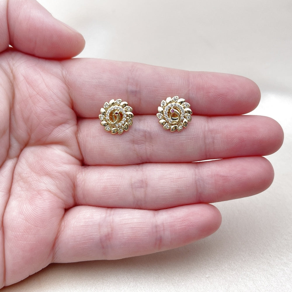 Oro Laminado Stud Earring, Gold Filled Style Peacock Design, with White and Ruby Micro Pave, Polished, Golden Finish