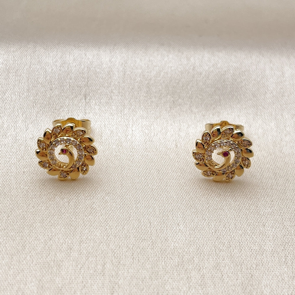 Oro Laminado Stud Earring, Gold Filled Style Peacock Design, with White and Ruby Micro Pave, Polished, Golden Finish
