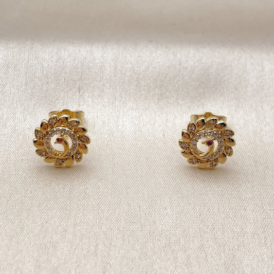 Oro Laminado Stud Earring, Gold Filled Style Peacock Design, with White and Ruby Micro Pave, Polished, Golden Finish