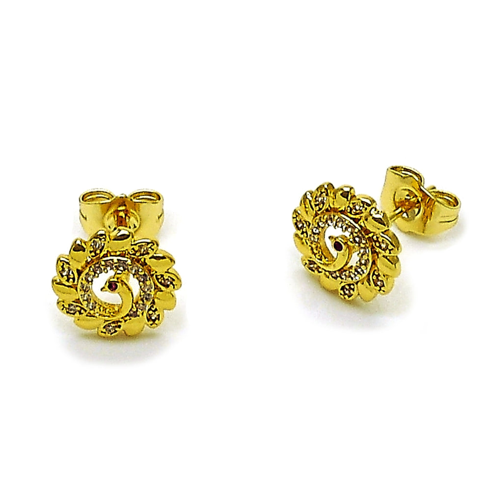Oro Laminado Stud Earring, Gold Filled Style Peacock Design, with White and Ruby Micro Pave, Polished, Golden Finish