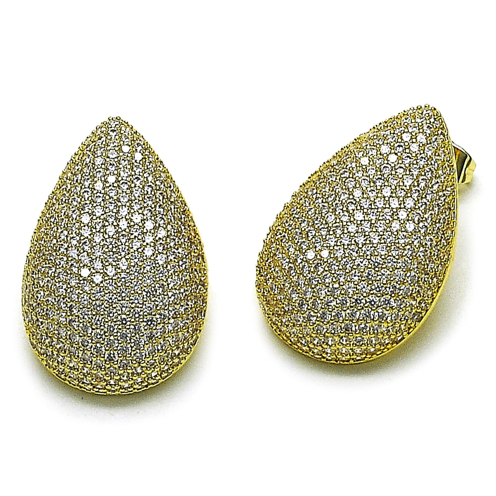 Oro Laminado Stud Earring, Gold Filled Style Teardrop Design, with White Cubic Zirconia, Polished, Golden Finish