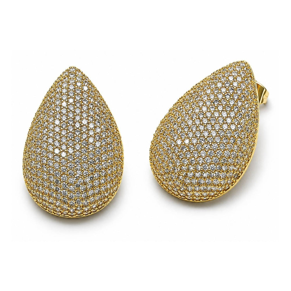 Oro Laminado Stud Earring, Gold Filled Style Teardrop Design, with White Cubic Zirconia, Polished, Golden Finish