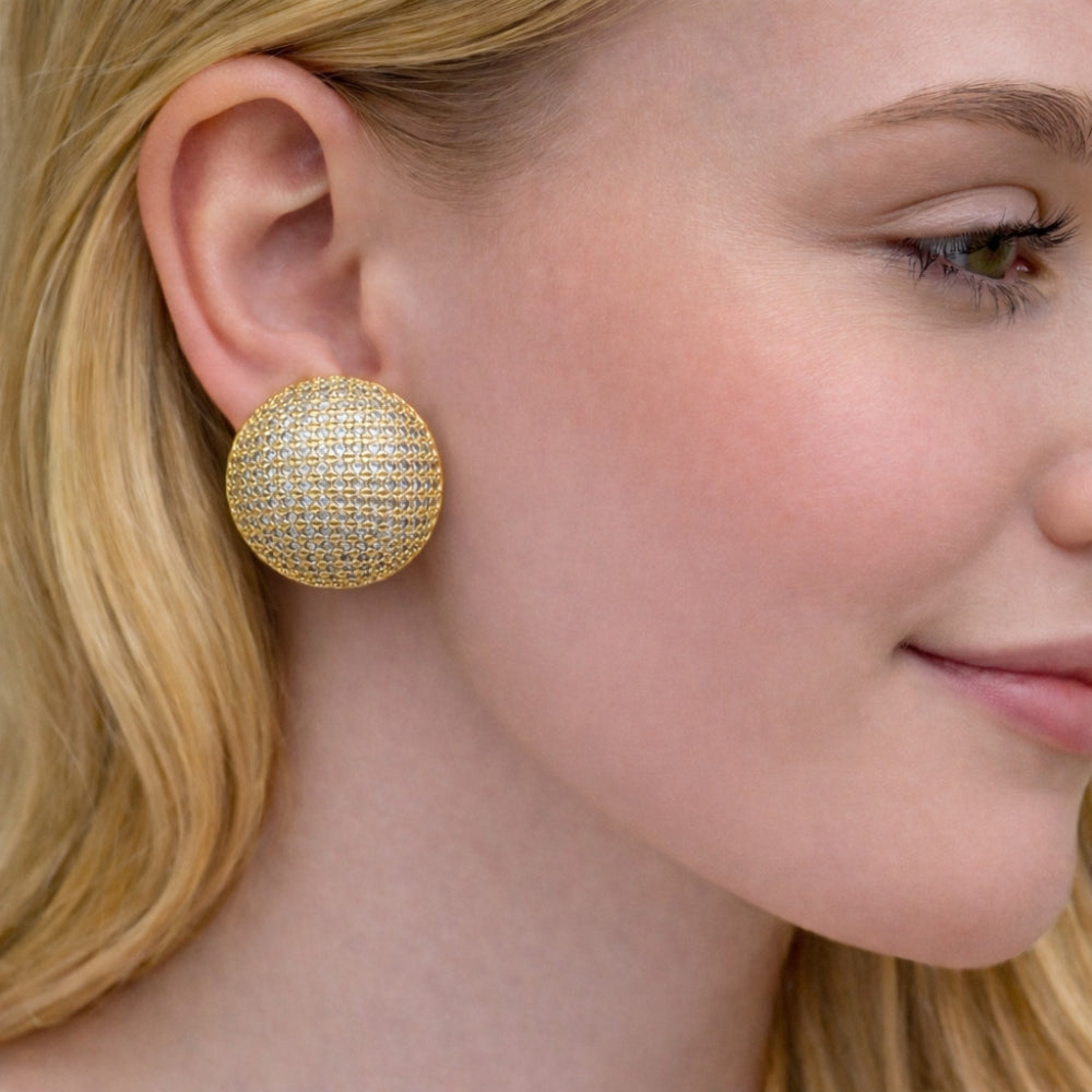Oro Laminado Stud Earring, Gold Filled Style Ball Design, with White Cubic Zirconia, Polished, Golden Finish