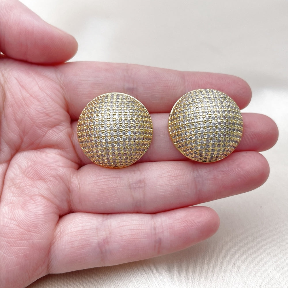 Oro Laminado Stud Earring, Gold Filled Style Ball Design, with White Cubic Zirconia, Polished, Golden Finish