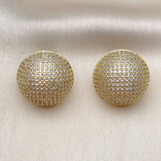 Oro Laminado Stud Earring, Gold Filled Style Ball Design, with White Cubic Zirconia, Polished, Golden Finish