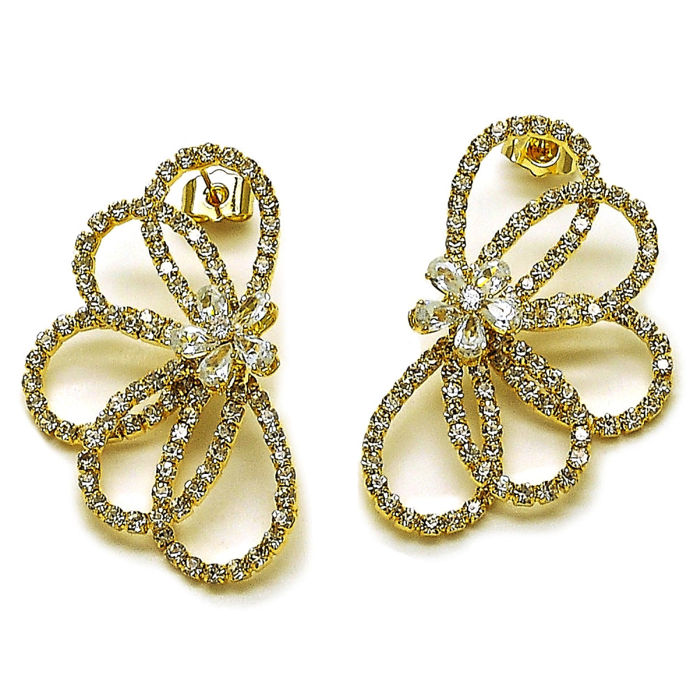 Oro Laminado Stud Earring, Gold Filled Style Flower and Teardrop Design, with White Crystal and White Cubic Zirconia, Polished, Golden Finish