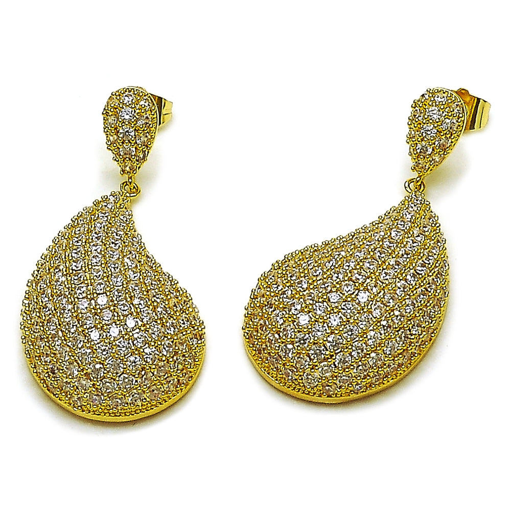 Oro Laminado Stud Earring, Gold Filled Style Teardrop Design, with White Cubic Zirconia, Polished, Golden Finish