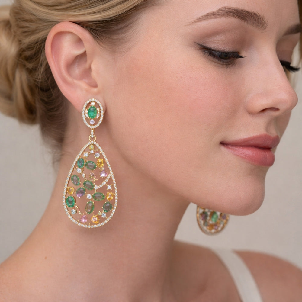 Oro Laminado Stud Earring, Gold Filled Style Teardrop Design, with Multicolor and White Cubic Zirconia, Polished, Golden Finish