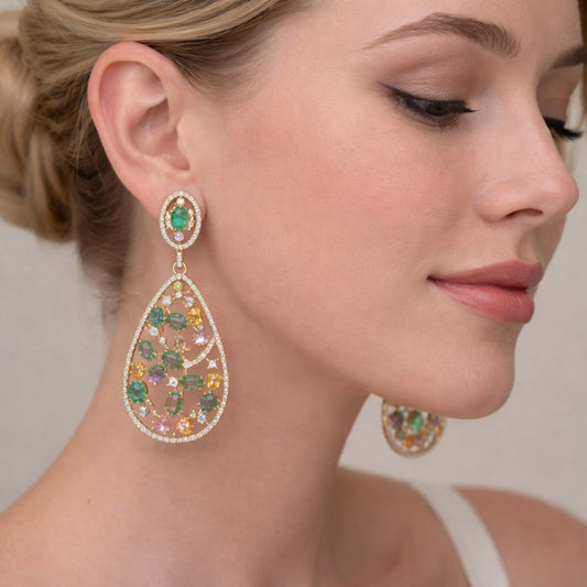 Oro Laminado Stud Earring, Gold Filled Style Teardrop Design, with Multicolor and White Cubic Zirconia, Polished, Golden Finish