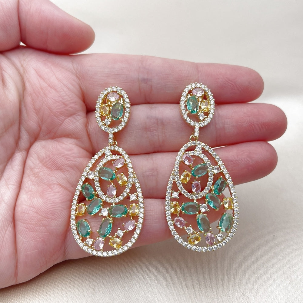 Oro Laminado Stud Earring, Gold Filled Style Teardrop Design, with Multicolor and White Cubic Zirconia, Polished, Golden Finish