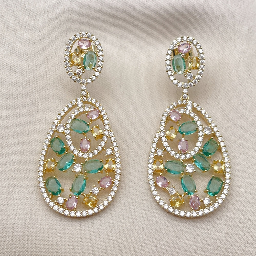 Oro Laminado Stud Earring, Gold Filled Style Teardrop Design, with Multicolor and White Cubic Zirconia, Polished, Golden Finish
