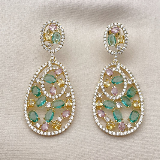 Oro Laminado Stud Earring, Gold Filled Style Teardrop Design, with Multicolor and White Cubic Zirconia, Polished, Golden Finish