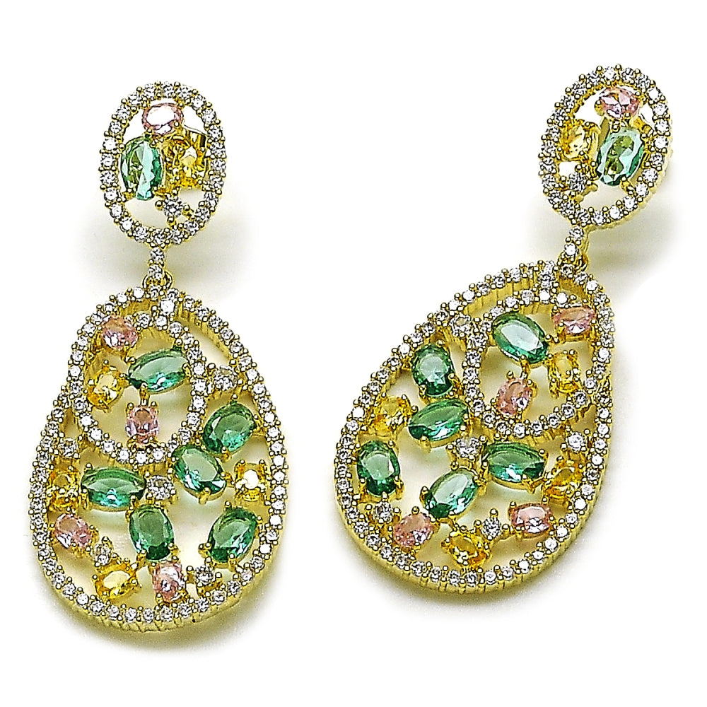 Oro Laminado Stud Earring, Gold Filled Style Teardrop Design, with Multicolor and White Cubic Zirconia, Polished, Golden Finish
