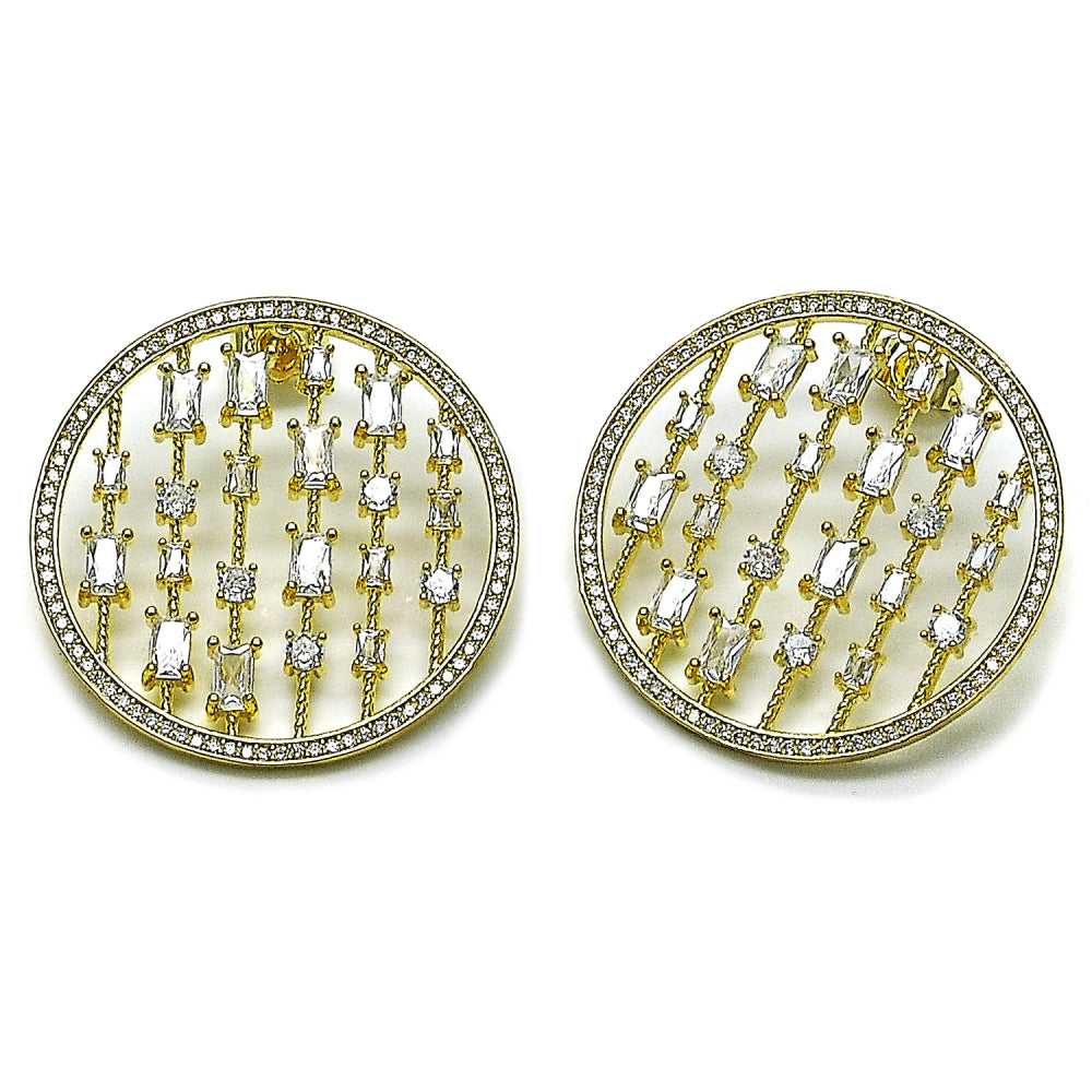 Oro Laminado Stud Earring, Gold Filled Style with White Cubic Zirconia and White Micro Pave, Polished, Golden Finish