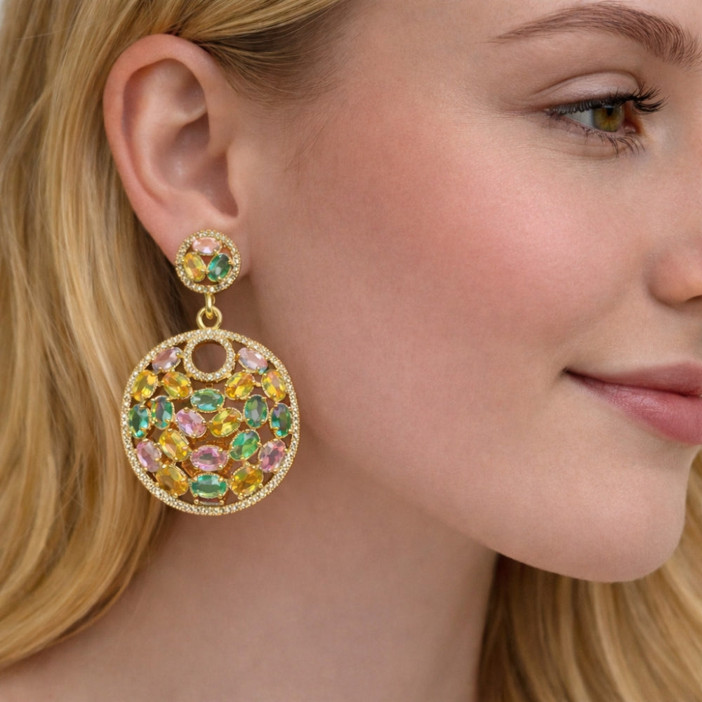 Oro Laminado Stud Earring, Gold Filled Style with White and Multicolor Cubic Zirconia, Polished, Golden Finish