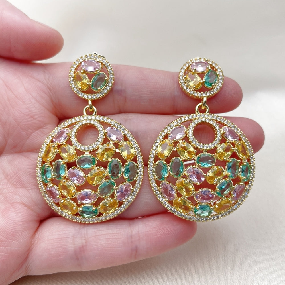 Oro Laminado Stud Earring, Gold Filled Style with White and Multicolor Cubic Zirconia, Polished, Golden Finish