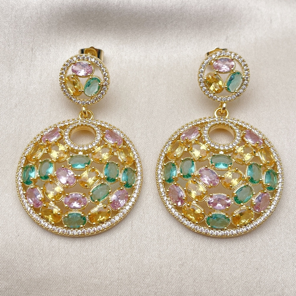 Oro Laminado Stud Earring, Gold Filled Style with White and Multicolor Cubic Zirconia, Polished, Golden Finish