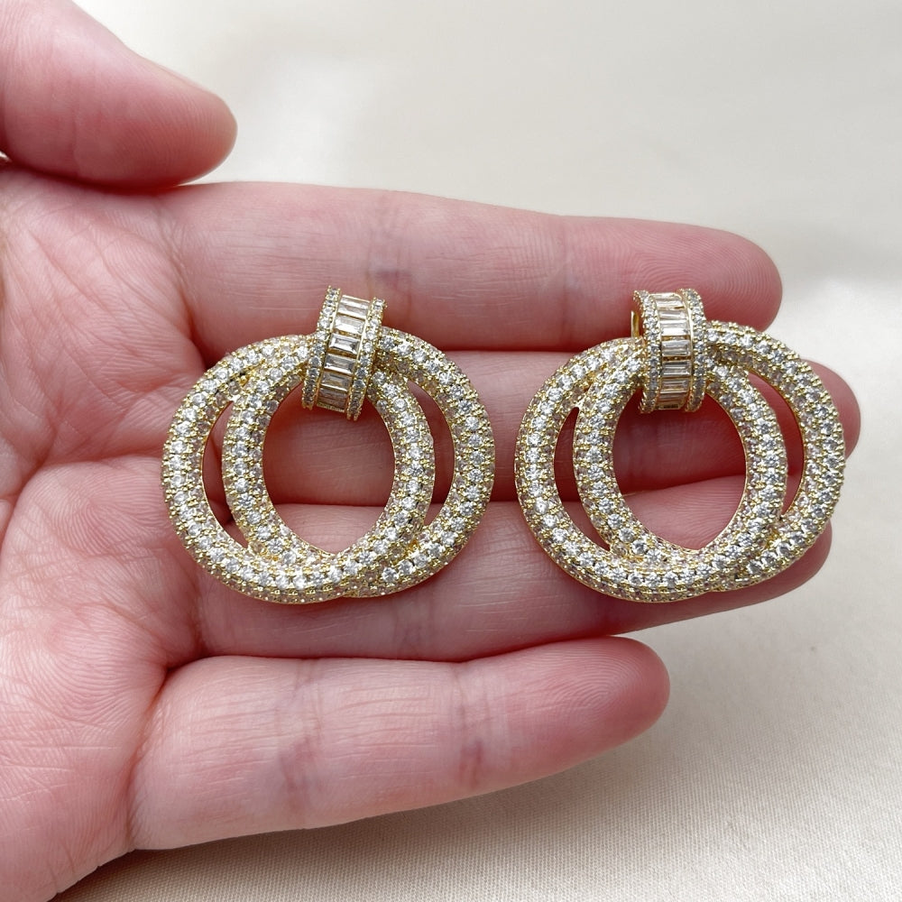 Oro Laminado Stud Earring, Gold Filled Style Baguette Design, with White Cubic Zirconia and White Micro Pave, Polished, Golden Finish