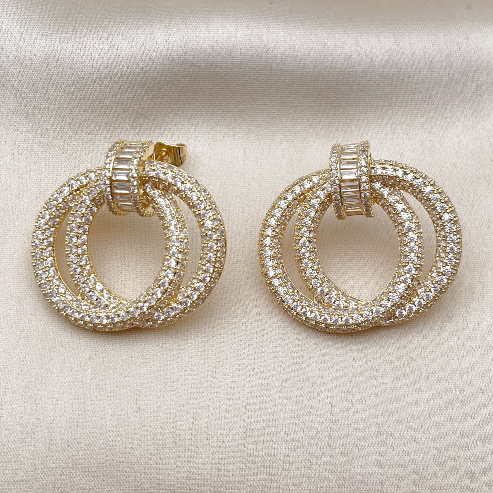 Oro Laminado Stud Earring, Gold Filled Style Baguette Design, with White Cubic Zirconia and White Micro Pave, Polished, Golden Finish